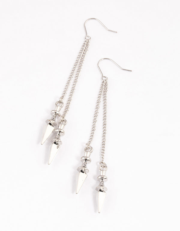 Silver Double Row Chain Spike Drop Earrings