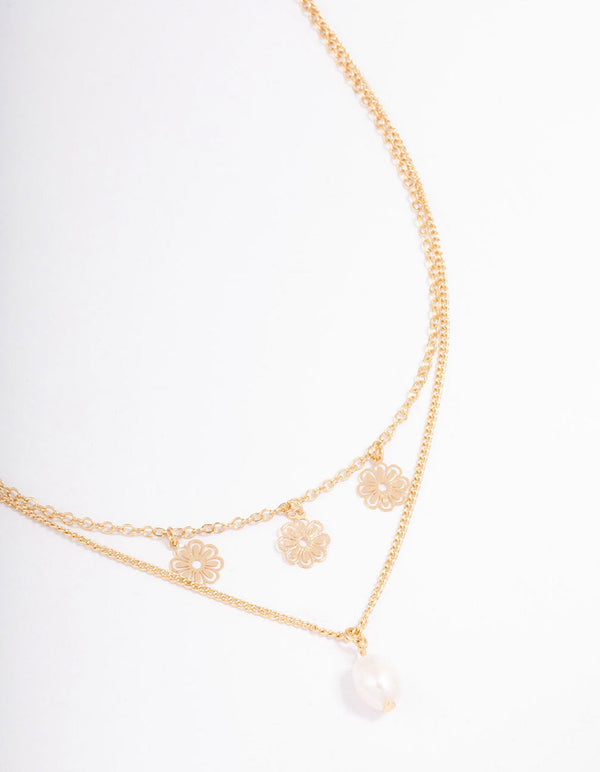 Gold Filo Flower & Pearl Layered Necklace