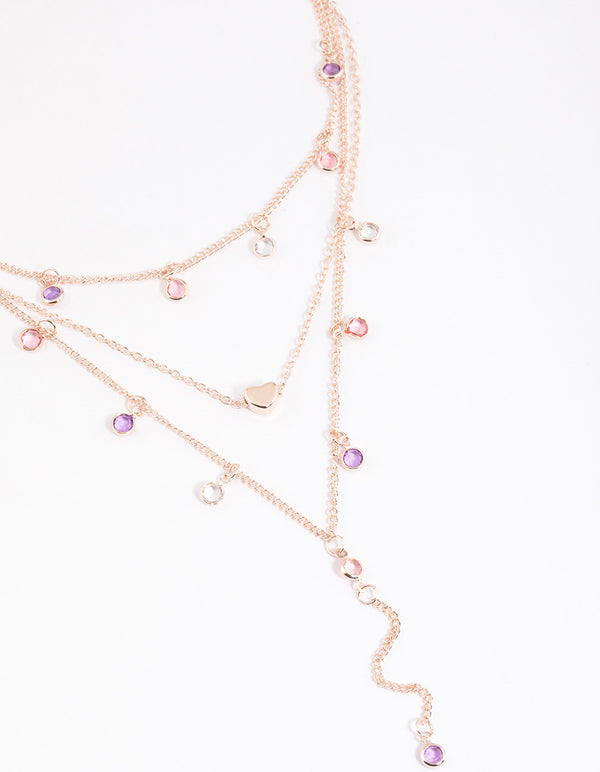 Rose Gold Triple Row Diamante Droplet Y-Necklace