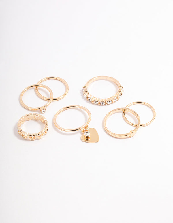 Gold Diamante & Heart Charm Ring Pack