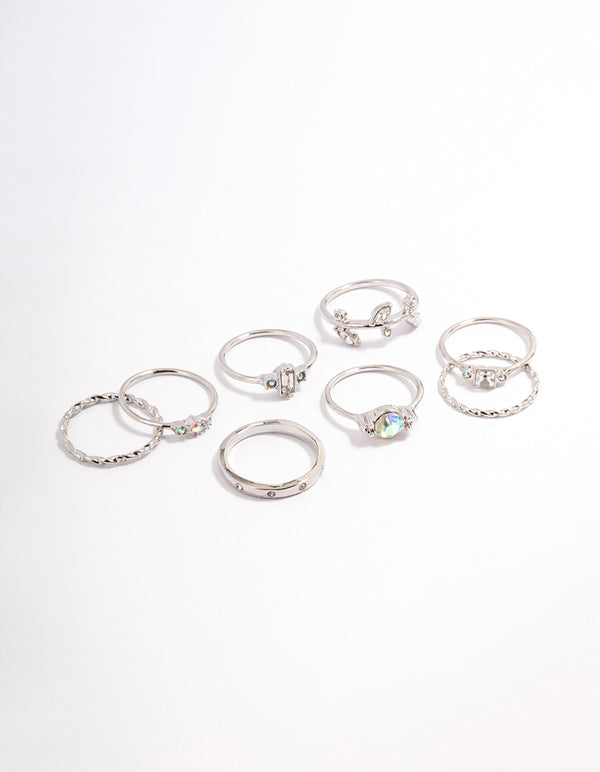 Silver Mixed Stone & Leaf Ring 8-Pack