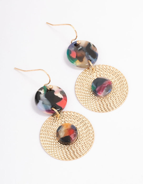 Gold Multi Coloured Disc Drop Earrings