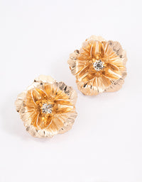 Gold Diamante Textured Flower Stud Earrings - link has visual effect only