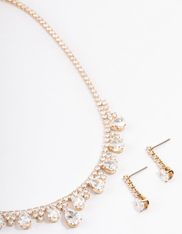 Gold Cubic Zirconia Cupchain Teardrop Jewellery Set