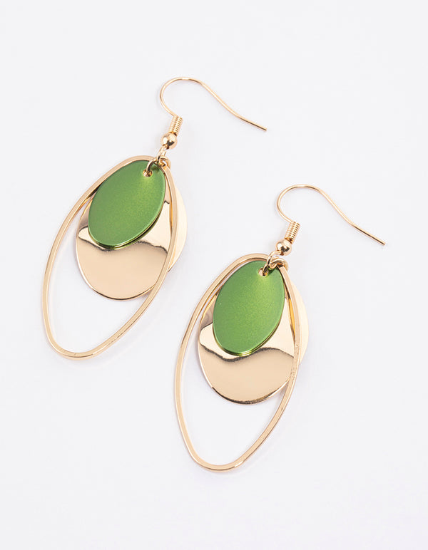 Green Oval Open Disc Drop Earrings