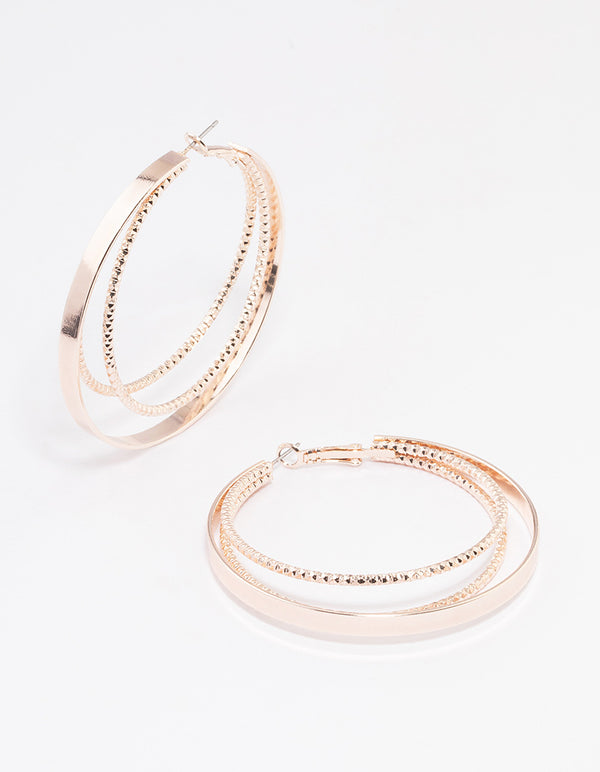 Rose Gold Triple Texture Hoop Earrings