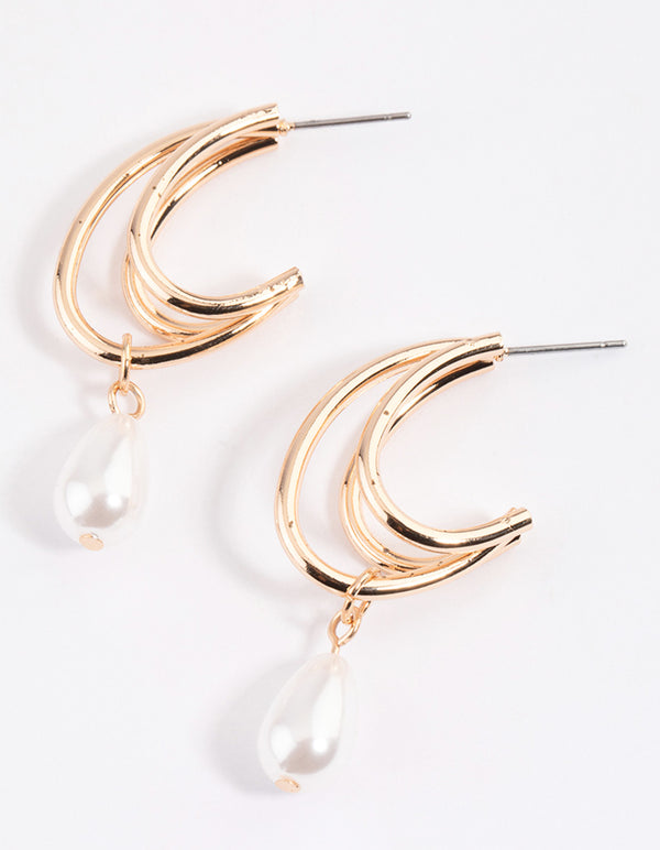 Gold Illusion Pearl Drop Hoop Earrings