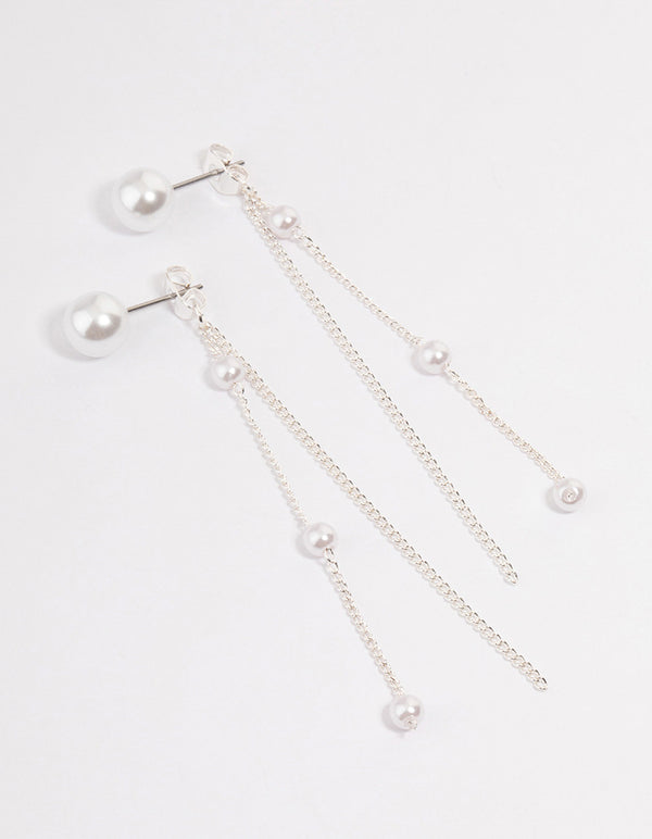 Rhodium Pearl Cupchain Sandwich Drop Earrings