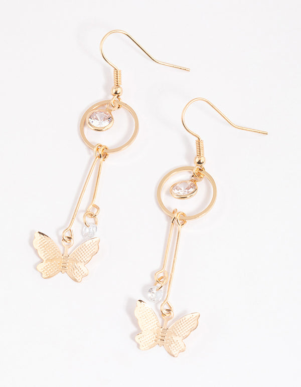 Gold Open Diamante Butterfly Drop Earrings