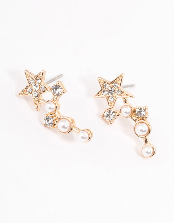 Gold Pearl & Star Graduated Star Earrings