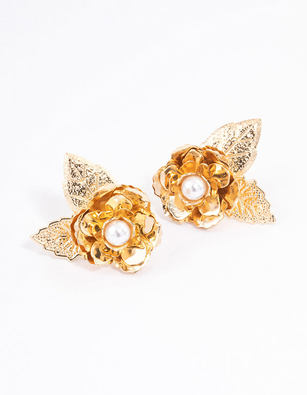 Gold Leaf & Rose Pearl Stud Earrings