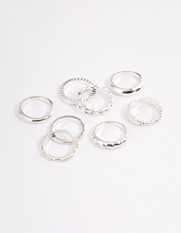 Silver Plain & Molten Twisted Ring 8-Pack