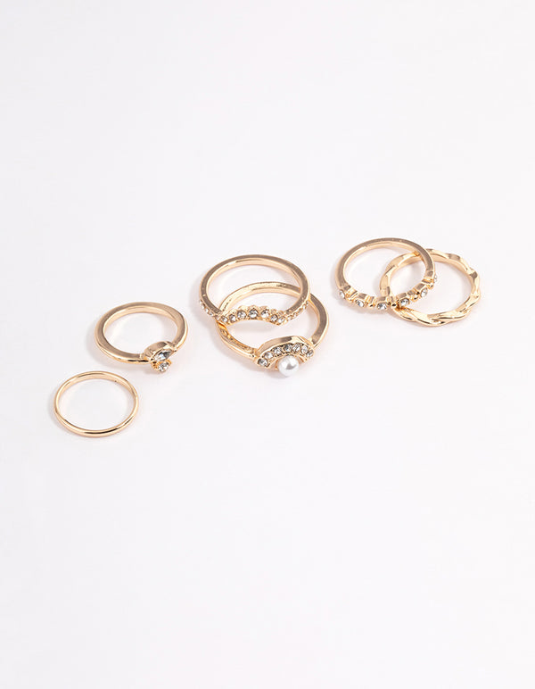 Gold Pearl & Diamante Nestled Ring 6-Pack