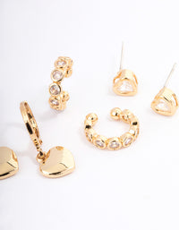 Gold Plated Cubic Zirconia Heart Huggie & Cuff Earrings Pack - link has visual effect only