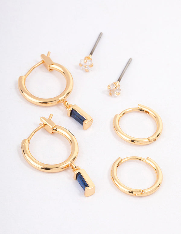 Gold Plated Cubic Zirconia Emerald Cut Huggie Earrings Pack