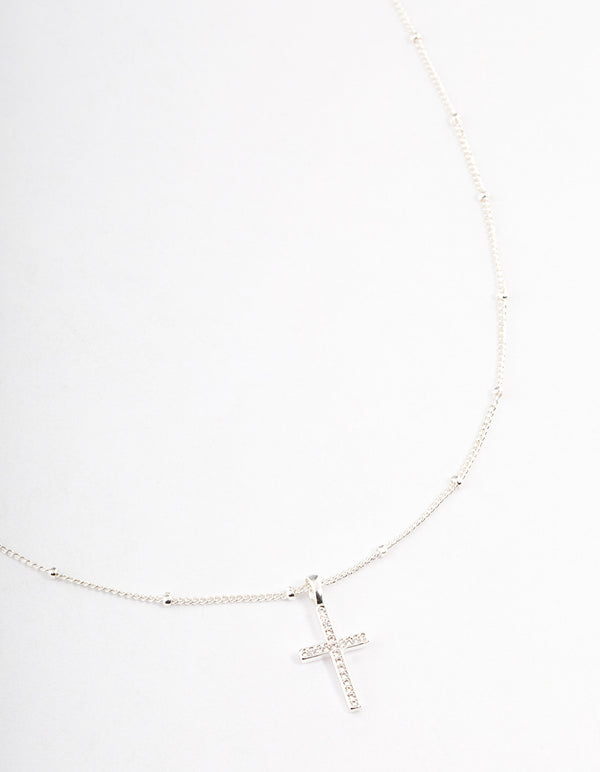 Silver Plated Brass  Cubic Zirconia Pave Cross Necklace