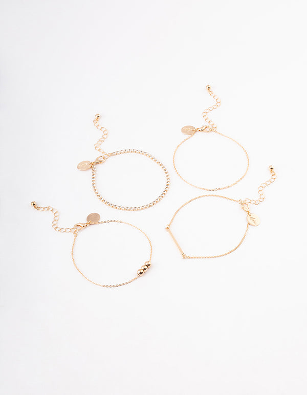 Gold Ball Diamante Chain Bracelet 4-Pack