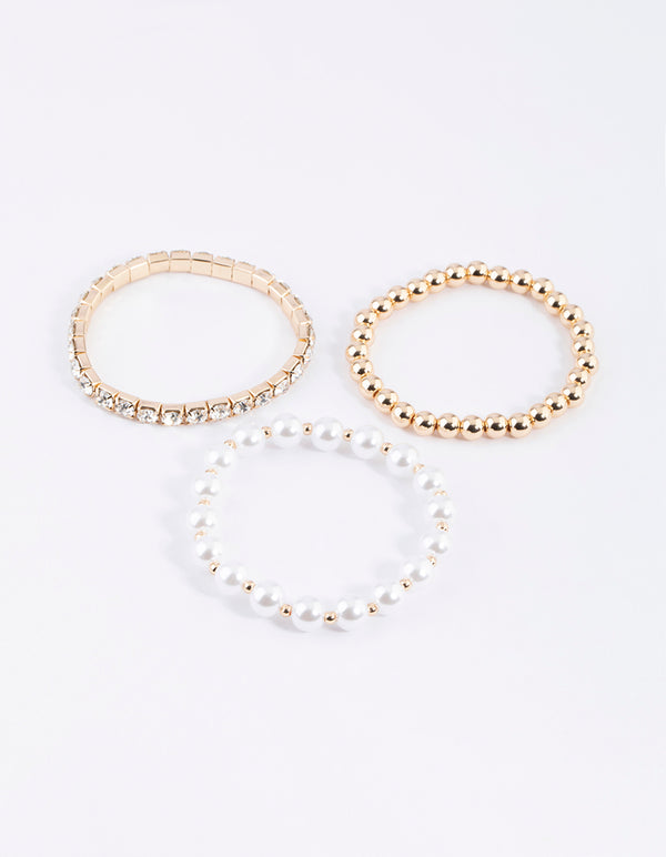 Gold Pearl & Diamante Stretch Bacelet Pack