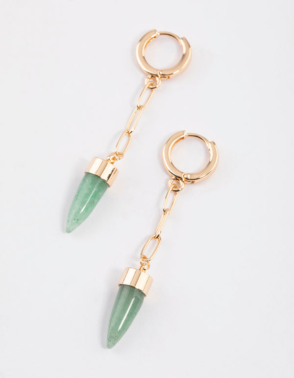 Gold Green Aventurine Chain Pointy Dome Earrings