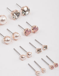 Rose Gold Pearl & Diamante Stud Earrings 8-Pack - link has visual effect only