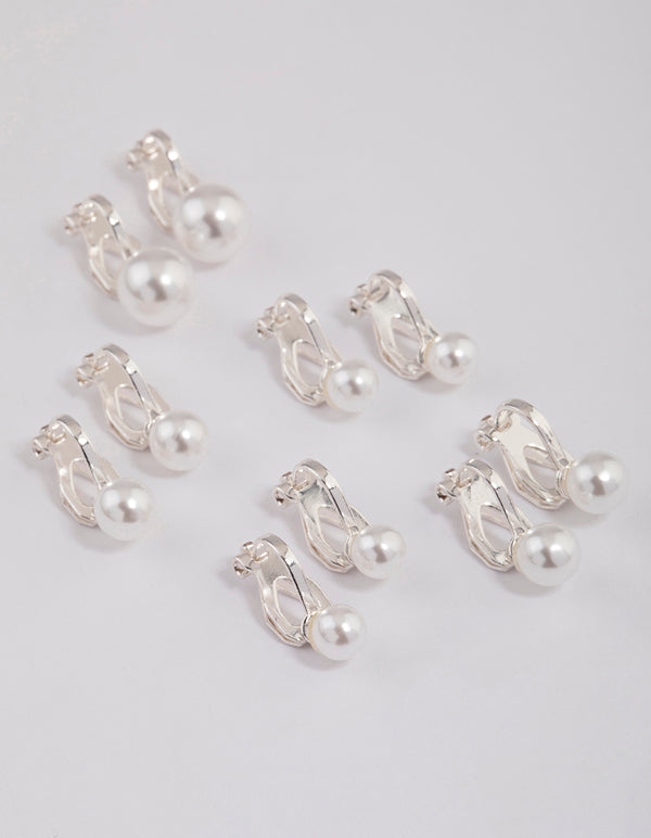 Silver Graduating Pearl Clip On Earrings 5-Pack