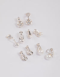 Silver Pearl & Diamante Ball Clip On Earrings 5-Pack - link has visual effect only