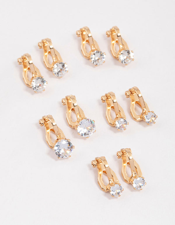 Gold Graduating Diamante Clip On Earrings 5-Pack