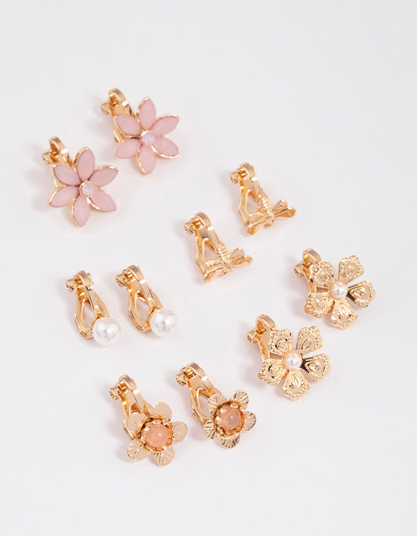 Gold Pretty Flower Clip On Earrings 5-Pack