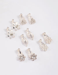 Silver Paved Heart Flower Clip On Earrings 5-Pack - link has visual effect only