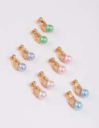 Colourful Pastel Pearl Clip On Earrings 5-Pack - link has visual effect only