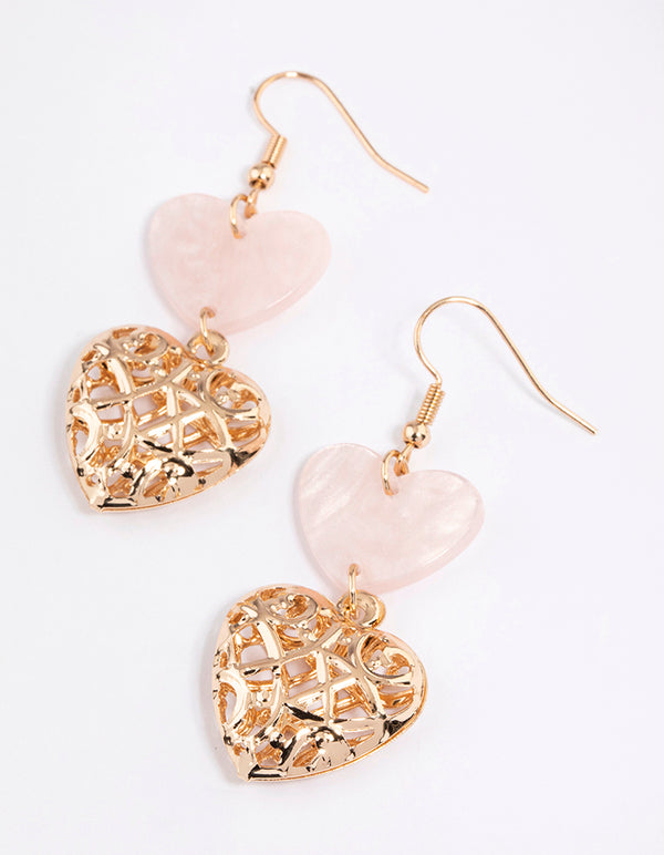 Gold Acrylic & Filigree Pink Heart Earrings