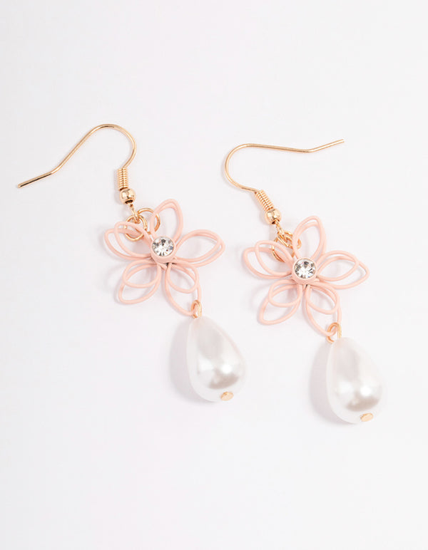 Pink Wire Flower Pearl Drop Earrings