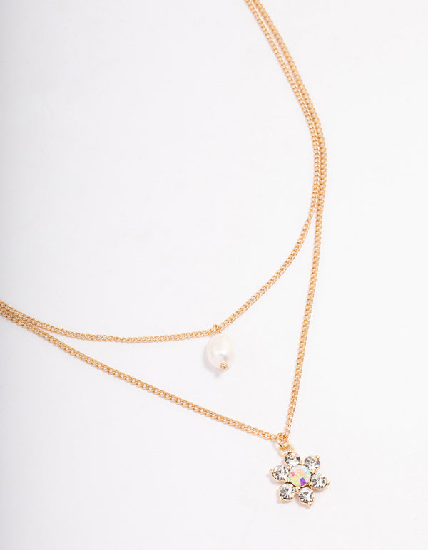 Gold Double Chain Pearl Flower Necklace