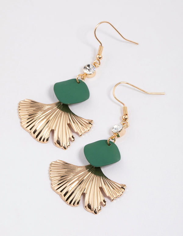 Green Leaf Disc Drop Earrings