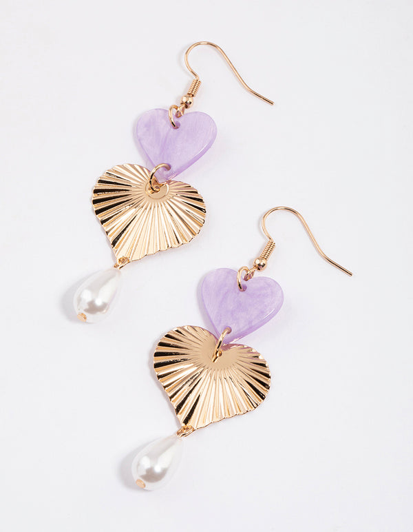 Purple Acrylic & Pearl Sun Ray Drop Earrings