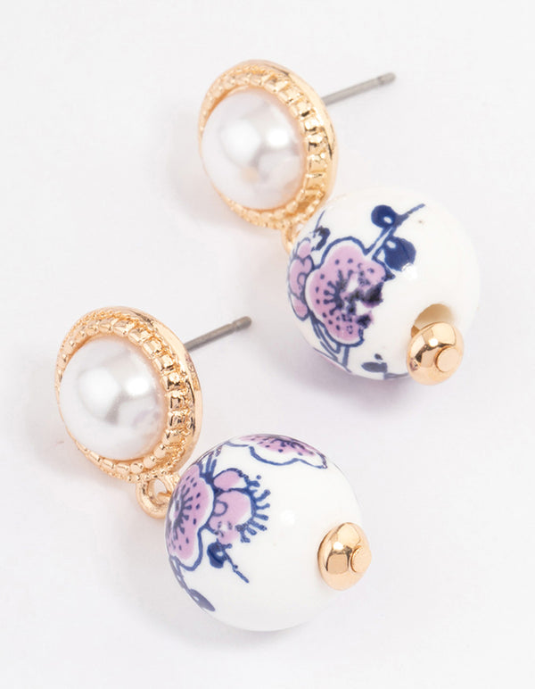 Blue Pearl & Beaded Drop Stud Earrings