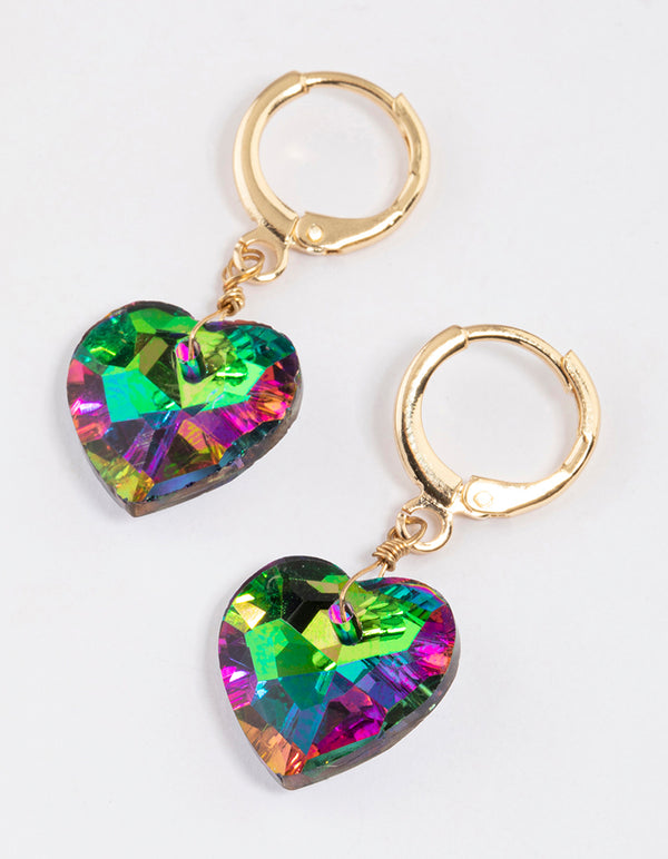 Green Statement Diamante Heart Huggie Earrings