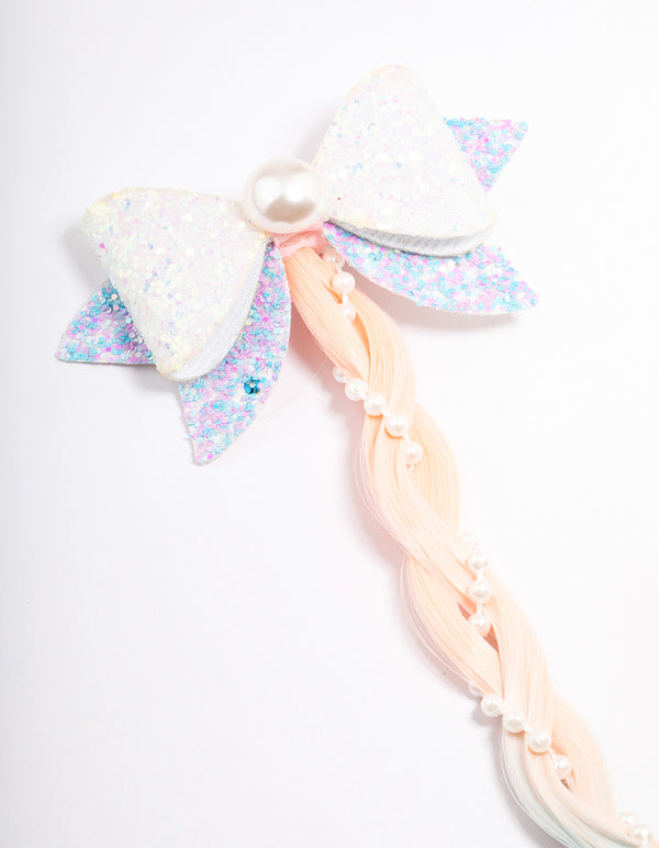 Kids Mixed Faux Hair Pearl Bow Braided Clip