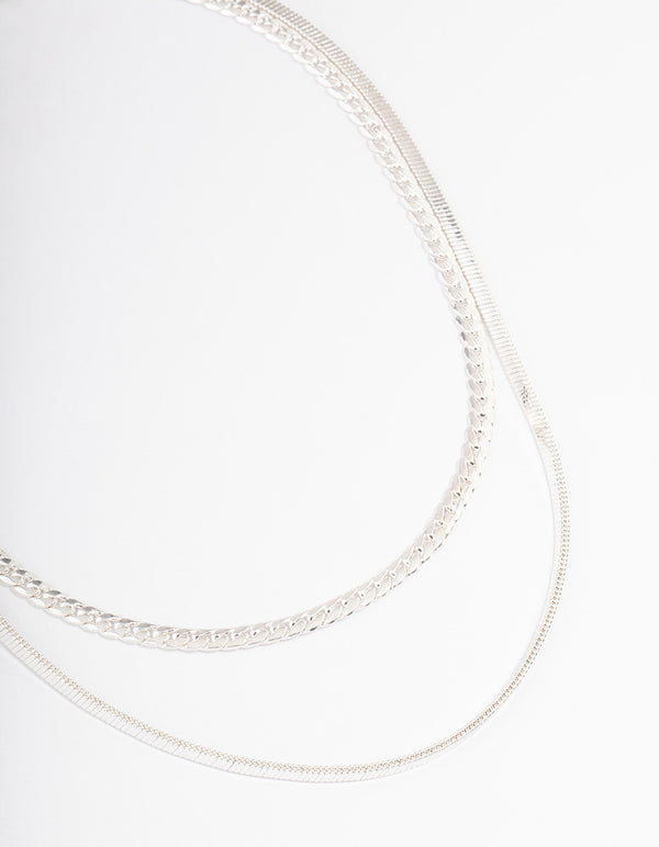 Silver Plated Herringbone & Snake Chain Layered Necklace