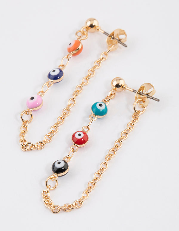 Gold Multi Evil Eye Chain Earrings