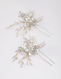 Silver Flower Leaf Beaded Hair Pin Pack - link has visual effect only