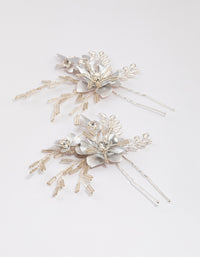 Silver Flower Leaf Beaded Hair Pin Pack - link has visual effect only