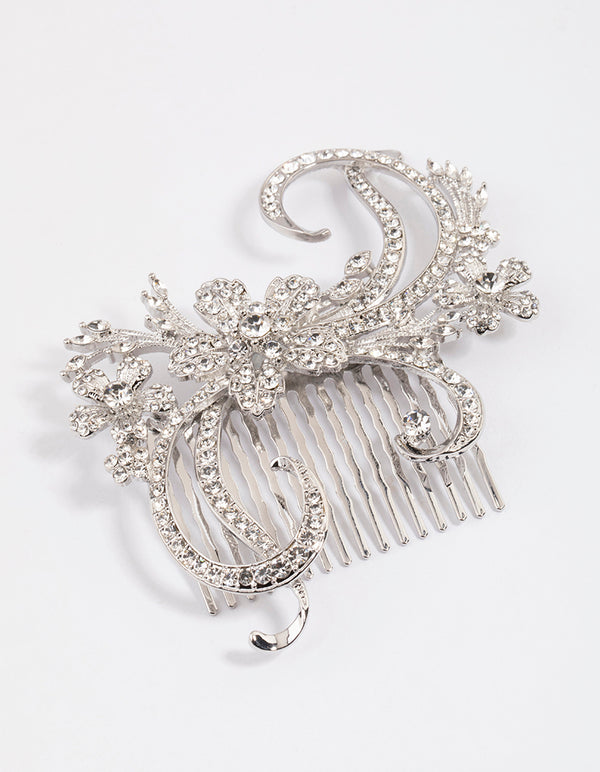 Rhodium Detailed Swirl Flower Hair Comb