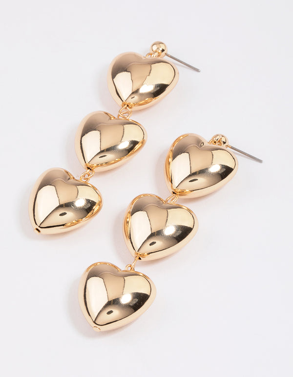 Gold Triple Puffy Heart Drop Earrings