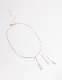 Rose Gold Cupchain Diamante Y-Shape Necklace & Drop Earrings Jewellery Set - link has visual effect only