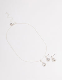 Silver Round & Pearl Halo Necklace & Drop Earrings Jewellery Set - link has visual effect only