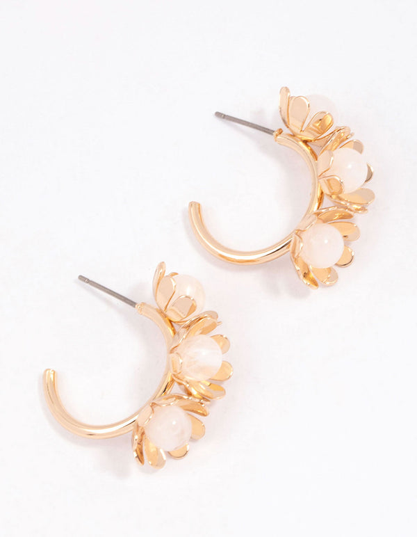 Gold Pearl Daisy Hoop Earrings