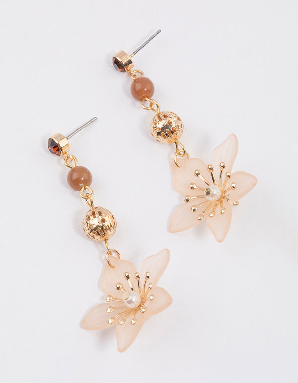 Gold Mixed Bead & Flower Drop Earrings