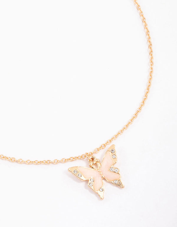 Gold Diamante & Enamel Butterfly Short Necklace