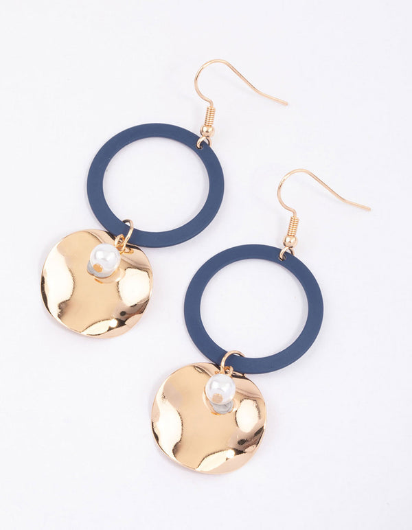 Blue Open Disc Pearl Drop Earrings